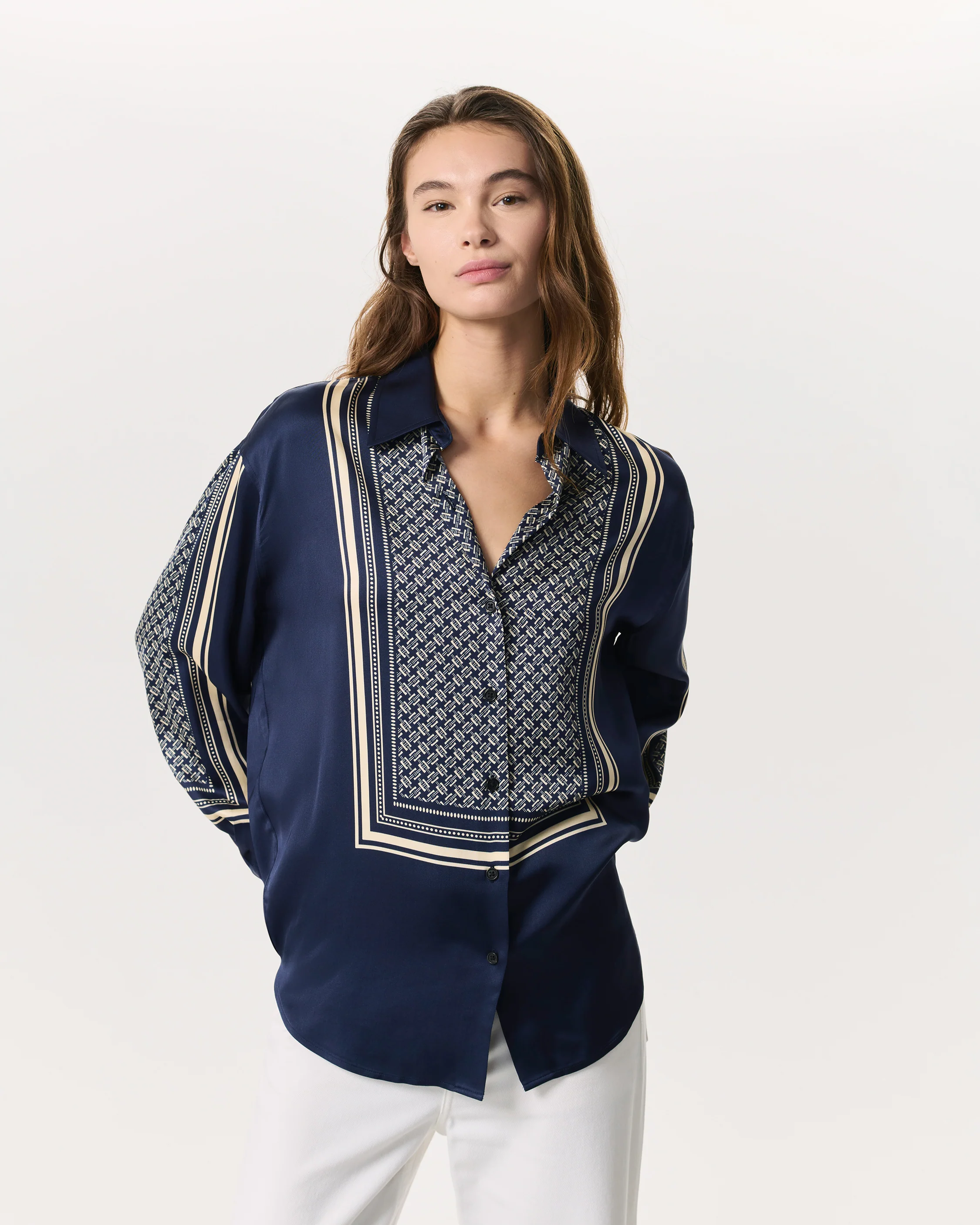 Jessica Scarf-Print Satin Shirt