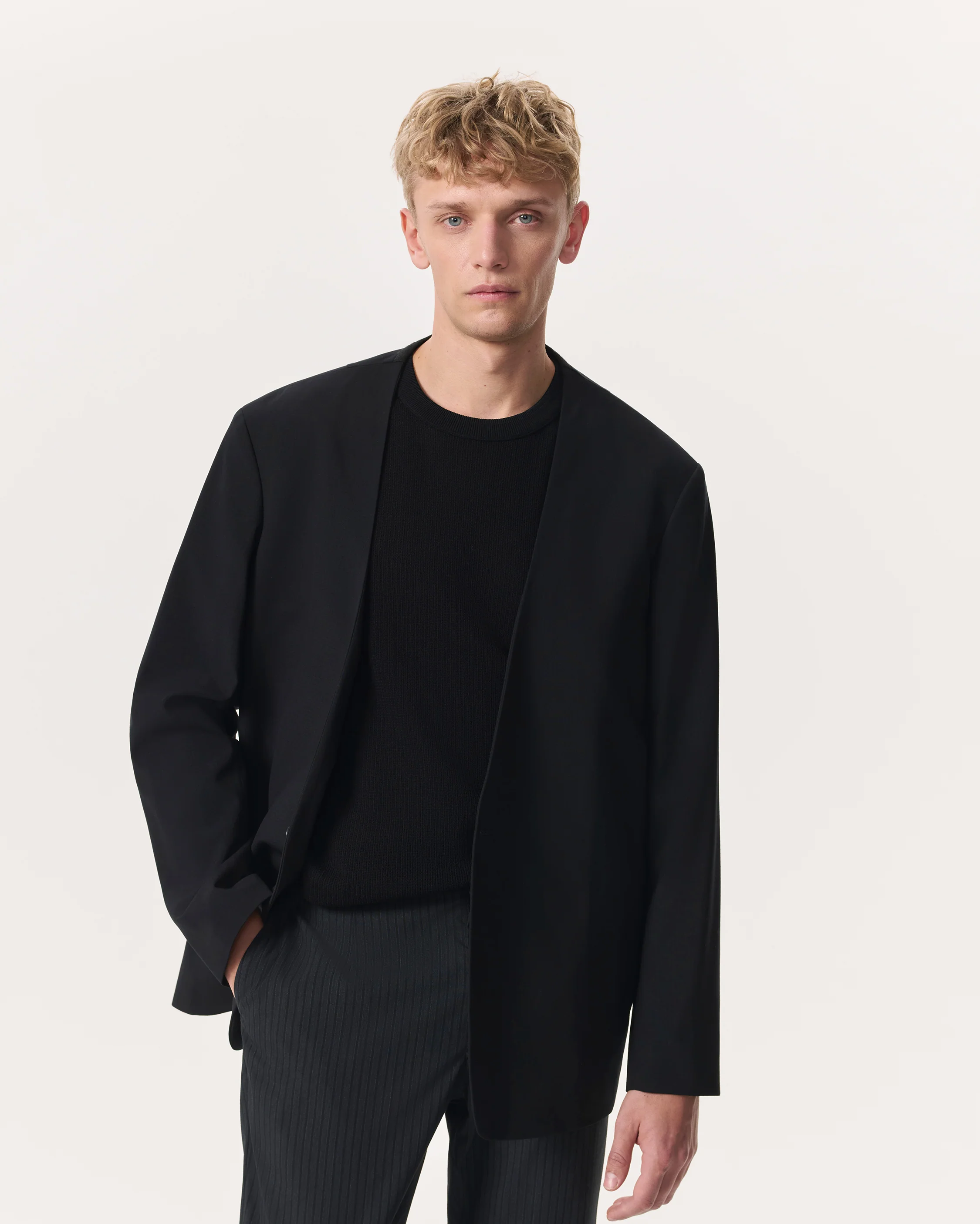 Collarless Wool-Blend Ripstop Blazer
