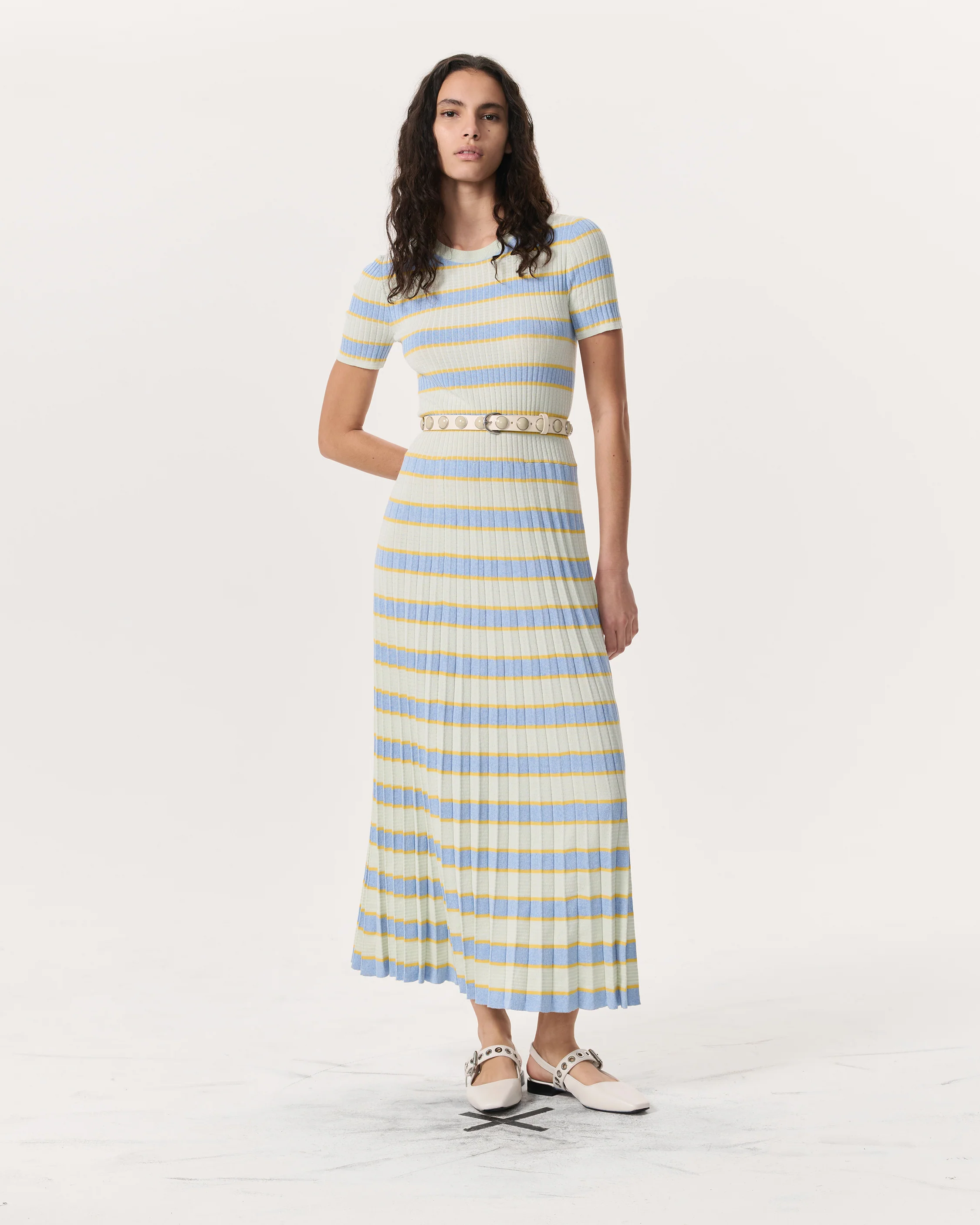 Eloise Striped Rib-Knit Pleated Midi Dress