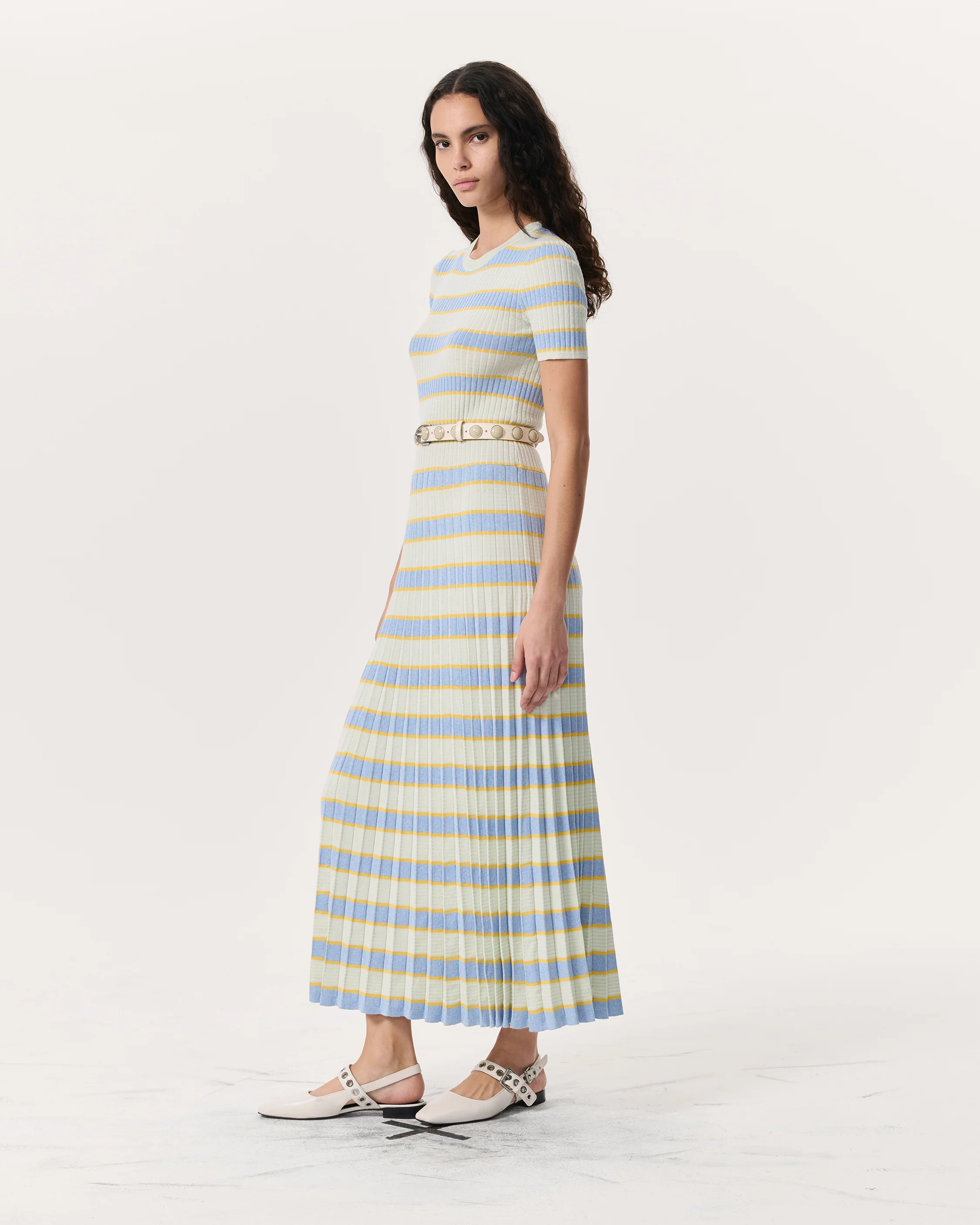 Eloise Striped Rib-Knit Pleated Midi Dress - Image 4