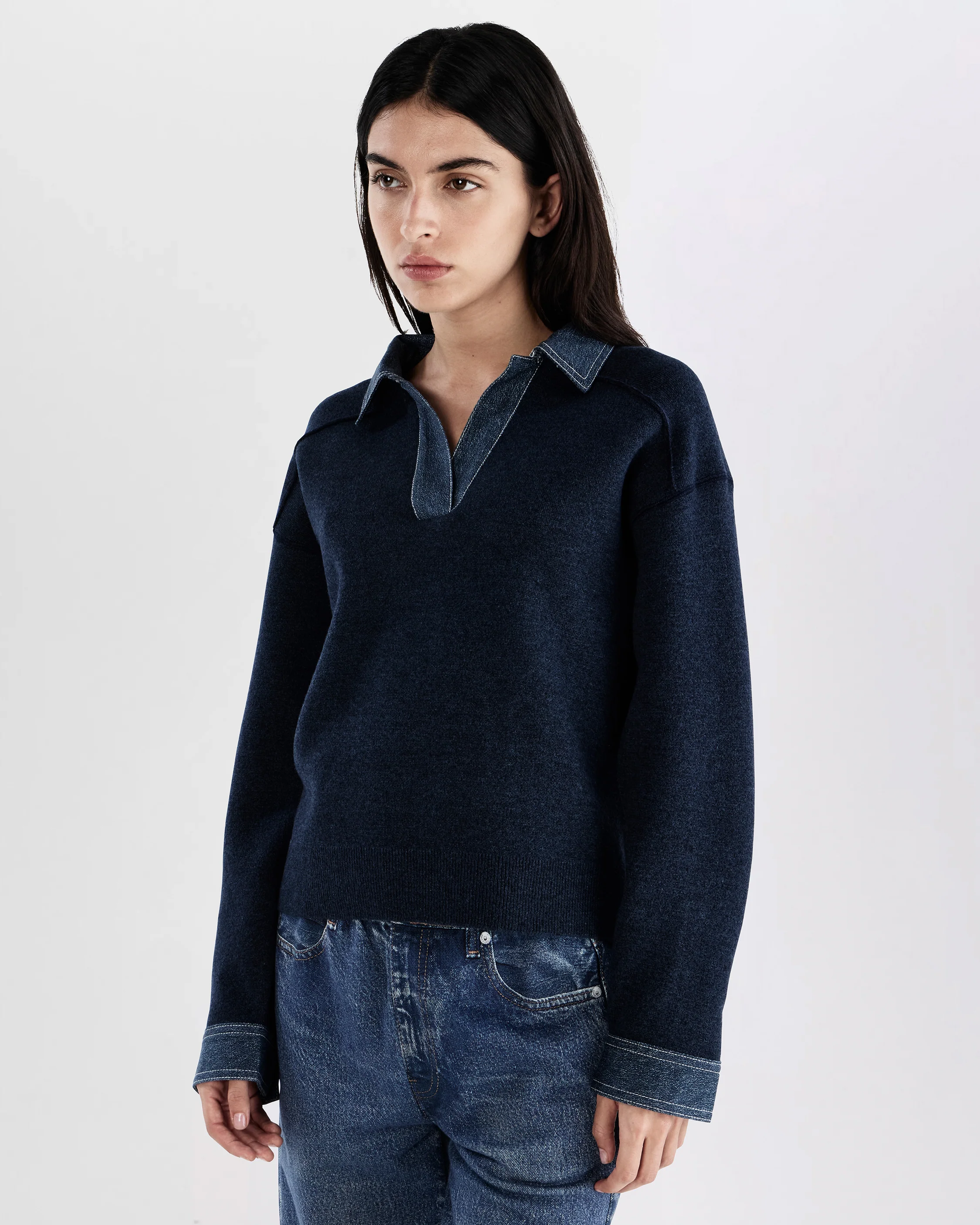 Marie Denim-Trim Polo Sweater - Image 4