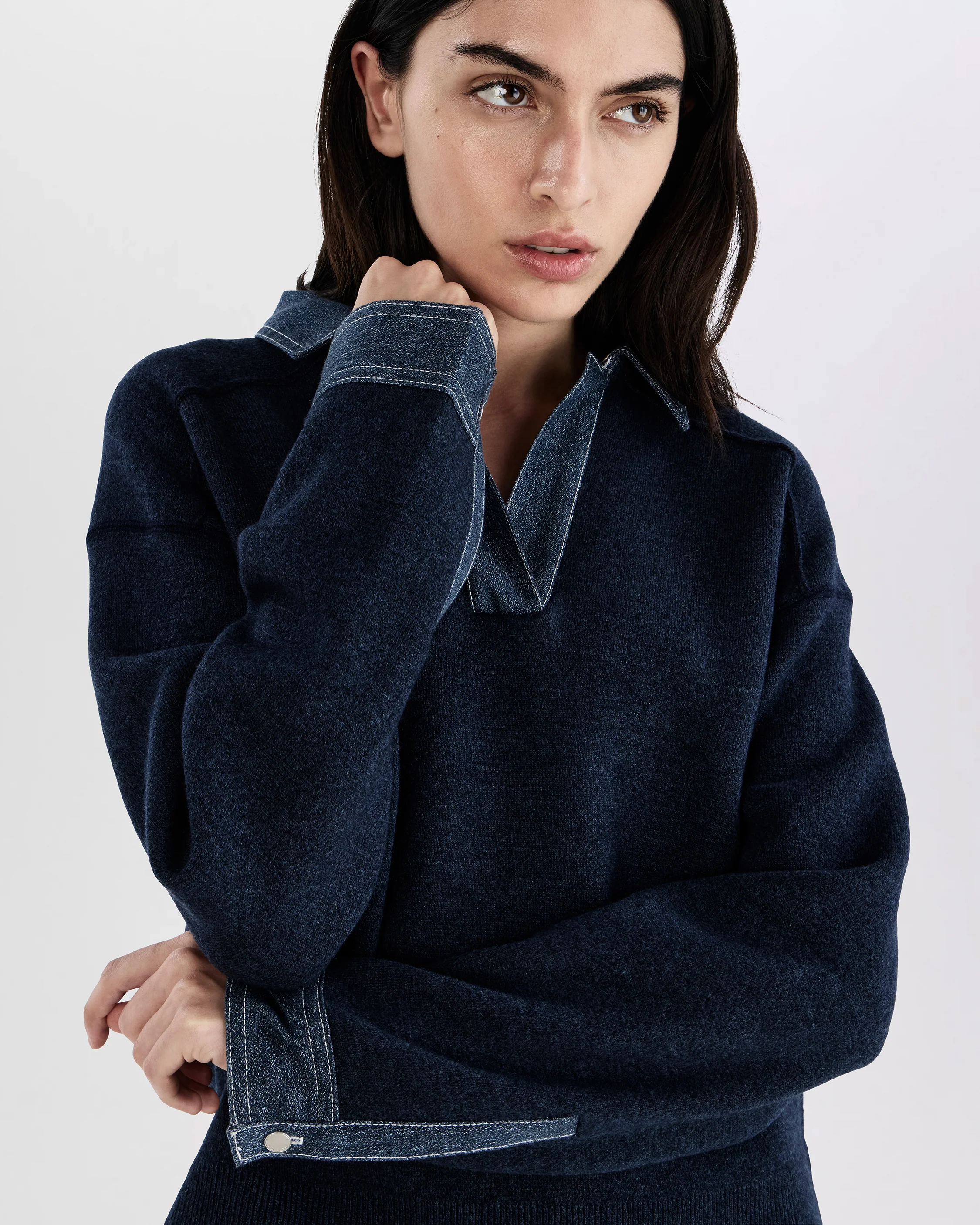 Marie Denim-Trim Polo Sweater - Image 5